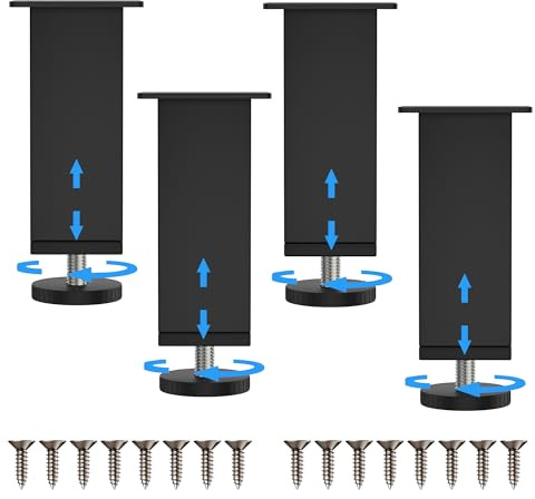 Lot de 4 Pieds de Meuble Réglables en Hauteur, Rectangulaires, Noir, 10-11cm, Métal et Nylon, Charge Maxi. 200kg, Pieds de Meuble pour canapé, Armoire, Table et Meuble à Chaussures