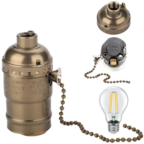 Pobinet de lampe avec chaîne de traction, fil de traction de filetage à vis Pobite d'éclairage de la chaîne de traction, sobre d'ampoule métallique vintage avec chaîne de traction pour les ampou