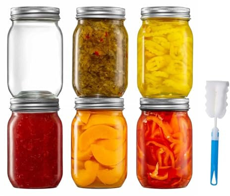 Glass Mason Jars With Silver Metal Lids 6 Pack Clear Glass Regular Mouth Mason Jars 500Ml Airtight Preserving Jars for Overnight Oats Food Storage Container with Brush, for Dry Food Snacks Candies