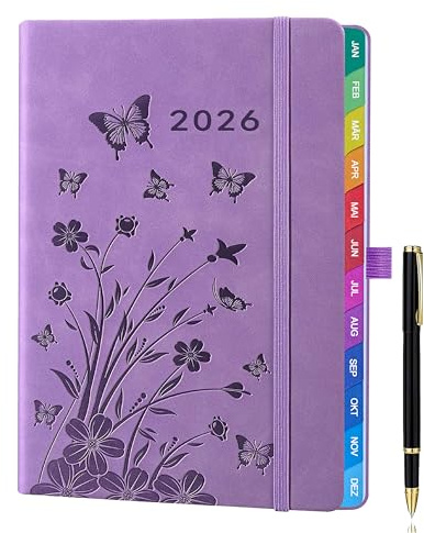 Kalender 2026 A5 – Wochenkalender, Terminkalender, Wochentimer & Wochenplaner (Jan – Dez 2026), mit Monatsübersicht, Notizseiten, Kontaktseiten und Stift, Hardcover Buchkalender – Lavendel