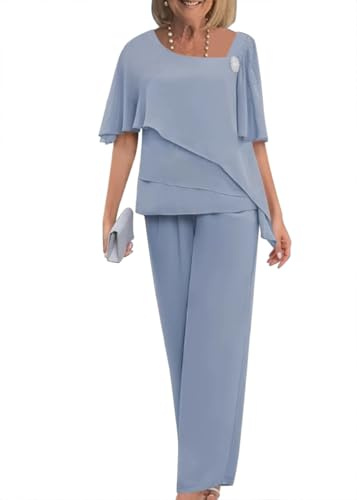 Goolecrimp Conjunto de dos piezas de vestido de noche elegante de gasa y tul para mujer blusa y pantalón de talla grande para bodas cócteles festivales gasa pantalones anchos de pierna (Azul Gris,L)