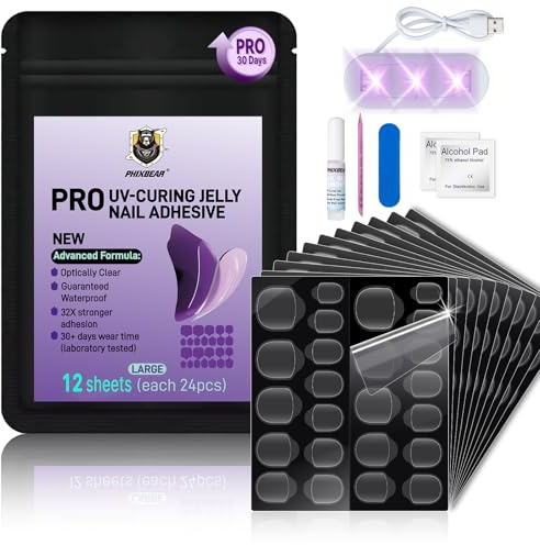 PHIXBEAR PRO UV Jelly Nail Adhesive Tabs Glue Stickers (288pcs), 32X Strong UV Nail Glue for Press Ons, Waterproof Super Sticky Long Lasting, Large 12 Size Easy Remove