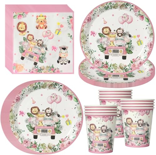 PYAILI 52 Stück Rosa Dschungel Safari Partygeschirr für 16 Gäste | Dschungel-Safari Partygeschirr: Teller, Becher & Servietten – Tiermotive für Kindergeburtstag (Junge & Mädchen)