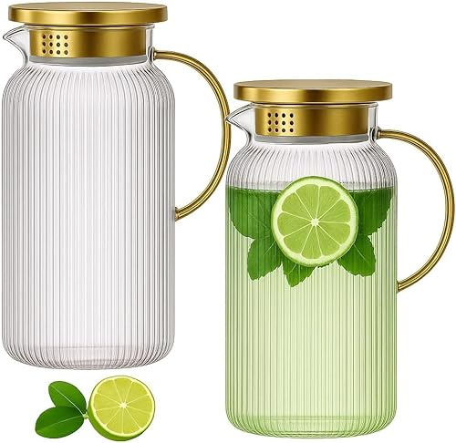 2 Pack Water Jug with Removable Lid, 2 L Hot and Cold Beverages Clear Glass Pitcher Water Carafe Borosilicate Glass Jugs for Fridge Tea Cafe Lemonade Milk Juice