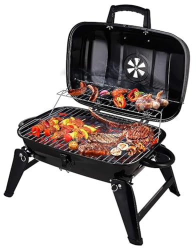 Barbecue portatile a carbonella e affumicatore – barbecue pieghevole all'aperto con griglia di cottura e sfiato, facile da montare per campeggio, picnic e grigliate in cortile, nero
