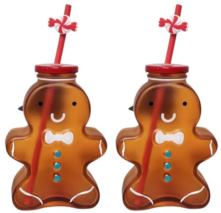 Divas World Gingerbread Man Glass Cup with Red Lid & Straw Reusable Festive Shaped Jar for Cold Drinks Decorative Holiday Drinkware Cute Seasonal Table Accessory (2)