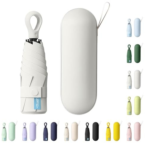 AYEUPZ Mini-Reiseschirm,UV Schirm,Taschenschirm,6-Rippen Mini Schirm,Doppelstützstange für größere Stabilität,Geldbörse mit Etui – kleiner kompakter UV-Regenschirm, Sonnenschutz (Cremeweiß)