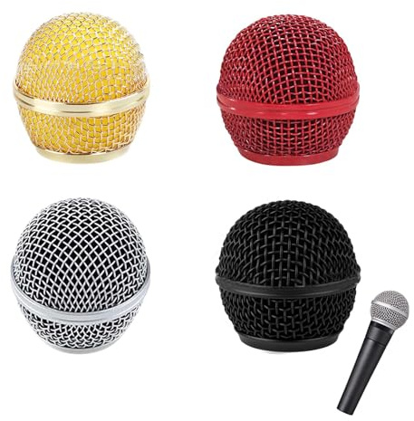 EULAPGOE Lot de 4 Têtes Métalliques pour Microphone – Grilles Compatibles avec SM58 avec Mousse Anti-Bruit Intégrée – Argent, Rouge, Doré, Noir