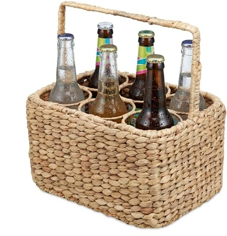 Relaxdays Cesta para 6 Botellas, Junco Trenzado con asa, 34x32x22 cm, Natural