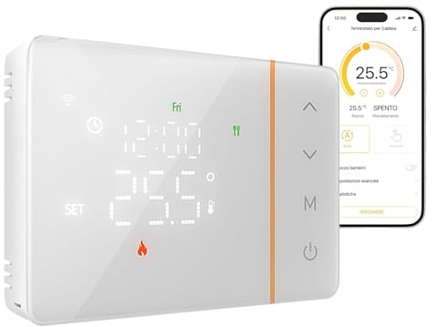 domyno Termostato WiFi a batterie per caldaia, controllo smartphone app alexa google cronotermostato intelligente da parete scatola 503, 502 programmazione settimanale e manuale (bianco)