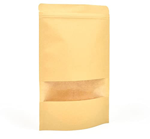 Evergreen Goods - 10 bolsas de embalaje reutilizables de 16 x 26 cm con ventana, bolsa de papel kraft con cierre de cremallera/resellable por calor para té, granos de café, semillas, frutas secas