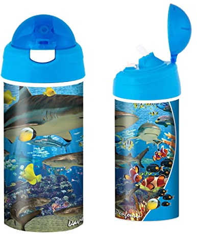 Shark Reef 3D dricksflaska från Deluxebase. Drickflaska för barn med lock och silikonsugrör och fantastisk 3D haj design.