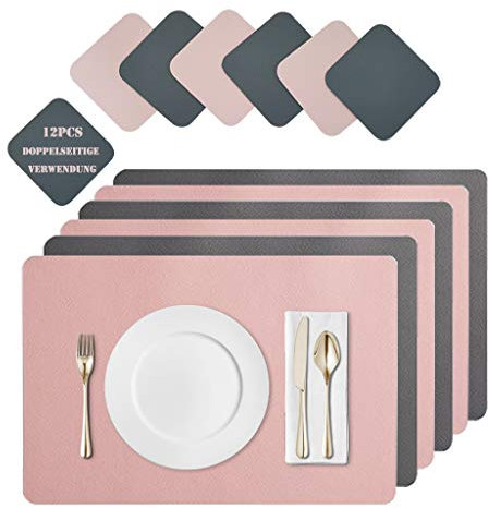 JDkilp Platzset Abwischbar, Leder Untersetzer Und Tischset 6er Set, Platzdeckchen Abwaschbar Doppel Verdickte 45x30cm, Für Hause Küche Restaurant Und Hotel (pink + dunkelgrau)