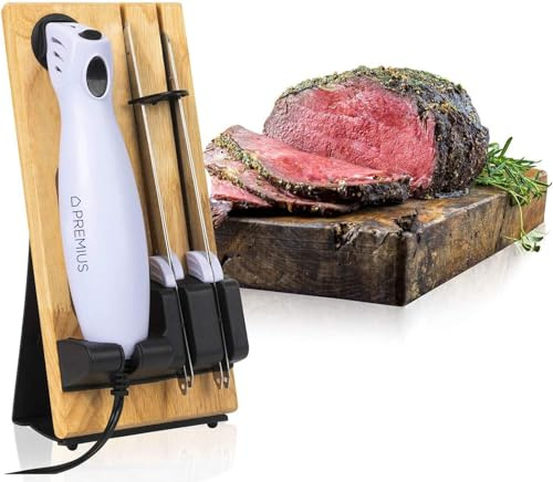 SERRATED CARVING ELECTRIC KNIFE SET By Chef PRO, With Wooden Storage Block, 2 Interchangeable Stainless-Steel Blades, Precise Cutting and Carving of Meats, Fruits, Breads, Comfortable Design, White
