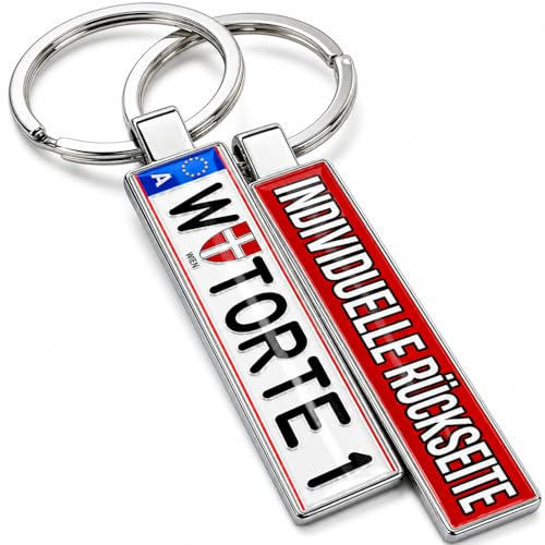 SONZE Schlüsselanhänger Kennzeichen Österreich personalisiert mit Name Foto Logo Text - Beidseitiger Auto Anhänger Nummernschild AT - Personalisierte Geschenke für Autoliebhaber & Autofahrer
