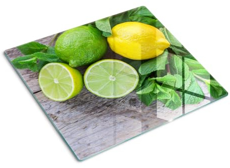 Glasschneidebrett 60x52 cm Antibakteriell Dünn Glasplatte für die Küche Rutschfest Silikonfüße Dekorativ Plastikfrei Gehärtetes Glas Hitzebeständig Lebensmittelecht - Limette und Zitrone