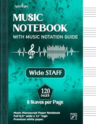 Music Notebook wide Staff | Music Manuscript Paper Notebook | 120 Pages - 6 Staves per Page | Full 8,5'' wide x 11'' high | Premium white Paper: The ... Exercises, and School - Mint Green Cover