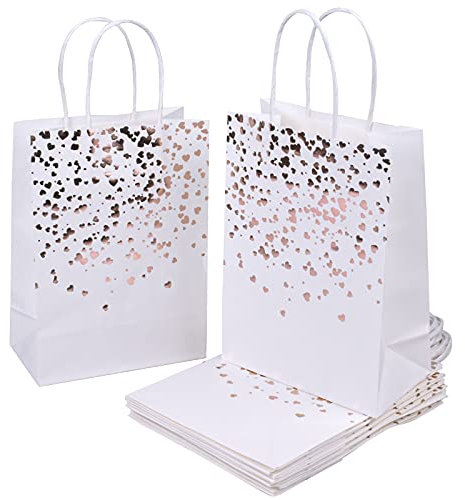 Kraftpapiertüte 12 Stück Kraftpapier Tüten Weiß Geschenktüten Hochzeit mit Henkel Bronzing Kraft Tasche mit Gold Herz Verzierung für Weihnachten Geburtstag Party Geschenkverpackung