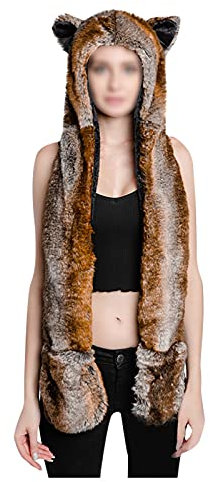 LUNULE Unisex Tiermütze Winter Warme 3-in-1 Fellmütze Ohren mit Handschuhe Schal Künstliches Fell Kapuzenschal Thermohandschuhe für Damen & Herren Tiere Bär Panda Wolf Paws Ohren Plüschmütze Damenhut