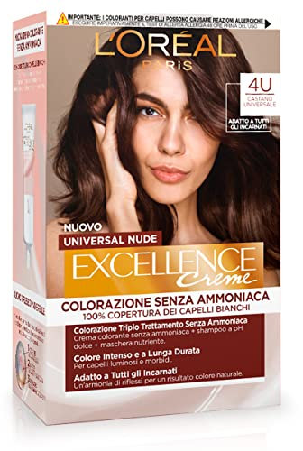 L’Oréal Paris Colorazione Permanente Excellence Universal Nude, Senza Ammoniaca, Con Riflesso Universale, Adatto a Tutti gli Incarnati, Colore Intenso a Lunga Tenuta, Castano 4u
