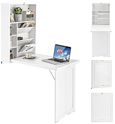 COSTWAY Escritorio Plegable de Pared, Estantes Ajustables, Mesa Plegable Pared para Ordenadores Portátiles Que Ahorra Espacio, Mesa Plegable de Comedor 60 x 94,5X 151cm