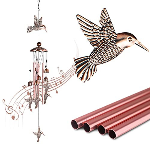 Wind Chimes Outdoor Clearance, 4 Aluminum Tube Hummingbird Wind Chime with S Hook,Patio Garden Decor, Housewarming Gift (Hummingbird)