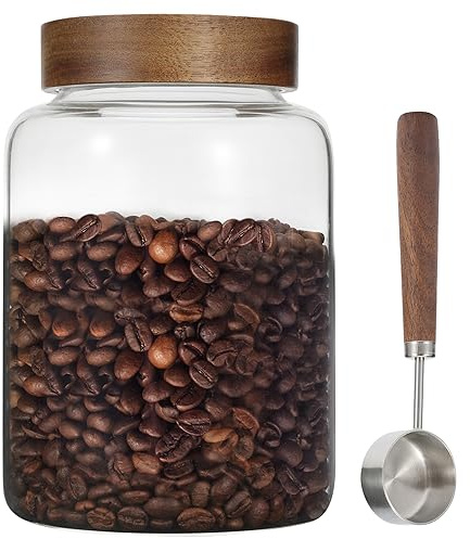 Patoper Large Glass Coffee Jars with Spoons 60 oz /1800ml, Round Storage Canister with Wooden Lid Clear Glass Food Jar for Pantry Sugar Tea Coffee Bean Spice Nuts Cookies Bath Salts (1800ml/60oz)