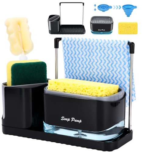 Juego de dispensador de jabón líquido de Bomba,Organizador de Fregadero Negro con Bandeja y Soporte para Esponja, para Cocina, Lavabo sobre encimera, detergente