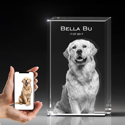 Gedenk Kristall Personalisiertes 3D-Foto als Gedenkwürfel für Haustiere Erinnerung an Hunde Katzen & Pferd 2D in 3D Hochwertige Lasergravur in Kristall Glas Erinnerung (80x50x50 mm HxBxT)