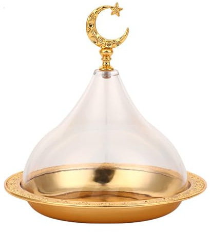 Garneck Eid Mubarak Cake Stand with Dome Lid Ramadan Serving Tray Metal Candy Dish Food Serving Plate Snack Platter Cookie Holder Cheese Dish for Islamic Muslim Party