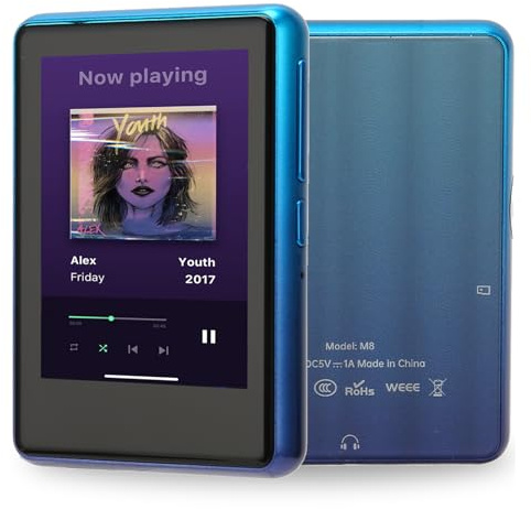 Lecteur MP3, BT 5.0 256 Go, Lecteur de Musique à écran Tactile TFT 2,4 Pouces, avec Casque Filaire, pour Windows 98 ME 2K XP Vista 7, pour OSX 10 (Blue)