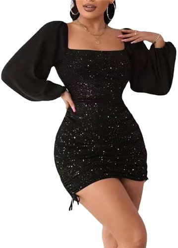 DGCUPODE Damen Bodycon-Kleid mit seitlichem Kordelzug und Glitzer Langärmeliges Cocktailkleid mit quadratischem Ausschnitt Schlanke Club Partykleider (Schwarz,M)
