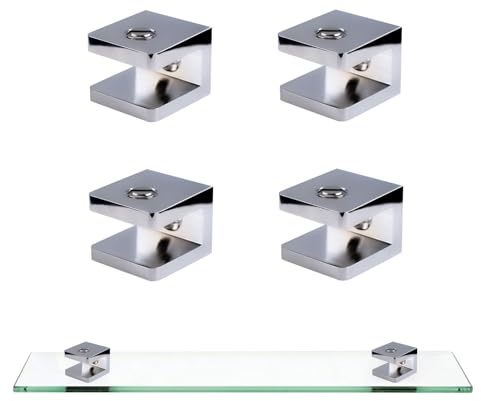INCREWAY Glasregalklemme, 4 Stück, massives Messing, Regalhalterung, Wandhalterung, kein Bohren auf Glas, feste Platte für 5–8 mm dickes Glas, helles Chrom