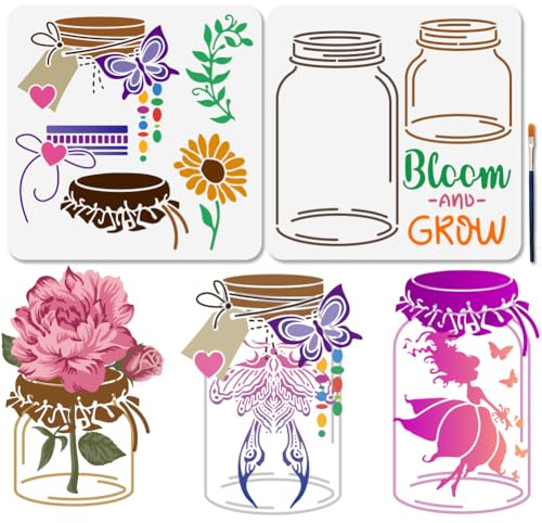 MAYJOYDIY 2 Stück Blumen Glasgefäß Schablone 30×30cm Schmetterling Malschablonen Sonnenblumenvase Zeichenvorlage Mit Pinsel Für Holz Wände Fenster DIY Handwerk Heimdekor