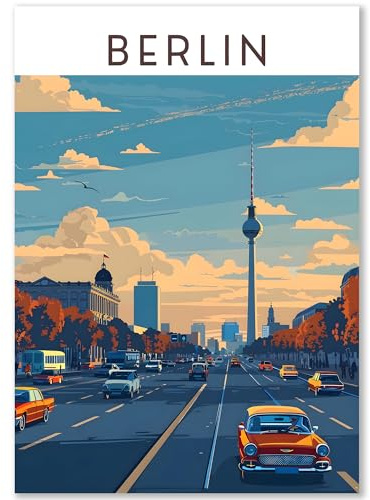 Happymotive Städteposter | Berlin Retro Poster Vintage | Schlafzimmer Deko Bild im Hochformat | Bilder Wohnzimmer | Kunstdrucke in DIN A2, DIN A3, DIN A4 300g Papier ohne Rahmen