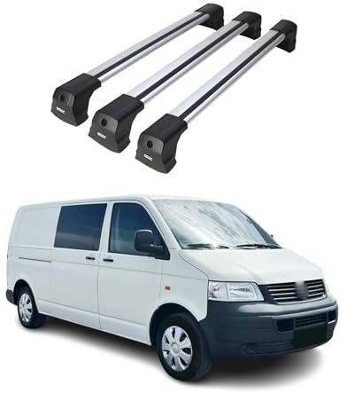 OMAC Dachträger Querträger kompatibel mit VW T5 T6 alle Modelle 2003-2024 – 3 Stangen – Abschließbar – Aluminium Silber