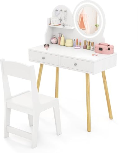 LIFEZEAL Set per bambini con sgabello, toeletta con specchio LED, tavolo per bambini con 3 ganci e 2 cassetti, tavolo da toeletta per bambini dai 3 anni in su