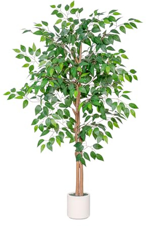 VIVATREES 5FT Artificial Ficus Tree with White Planter, Realistic Faux Silk Indoor Outdoor Plant for Home Office Living Room, Porch, Garden Decor