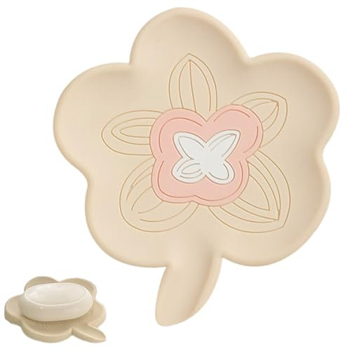 JEYORZY 1 Pezzi Portasapone in Silicone, Portasapone Bagno, Autosvuotante, Piattino con Scarico, Portasaponetta Solido per Bagno, Lavandino e Cucina, Fiori, Beige
