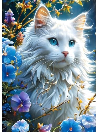 DPHERO DIY Weiße Katze Diamant Painting Kits Bilder für Erwachsene Anfänger,5D Cute Kitten Diamond Painting Set,DIY Runde Steine Blumen Diamant Kunst Kits, Diamant Art für Zuhause Dekor 30x40 cm