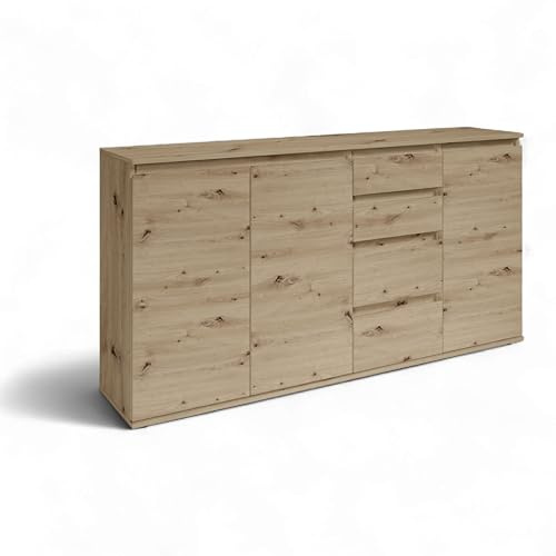 Brest Kommode in Artisan Eiche Optik - Modernes Sideboard mit viel Stauraum - 160 x 84 x 35 cm (B/H/T) | Modernes Design mit Griffmulden, 3 Türen, 2 Einlegeböden, 4 Schubkästen sowie Oberboden mit viel Stauraum