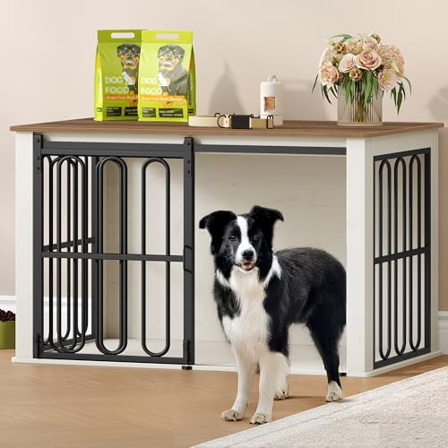 HEXCELEN Hundburmöbler, 100 × 60 × 62,4 cm, Hundbur i Trä med Dubbla Dörrar, Skjutdörrar, Sidobord i änden Djurburar för Små Och Medelstora Hundar, Vit, Brun, Djurburmöbler för Hemmet