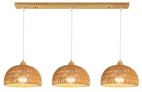 Lampadario Boho in Rattan e Corda di Canapa, con 3 luci a Sospensione, per Isola Cucina, Moderno lampadario a Cupola, Lampada a Sospensione a Gabbia Intrecciata, per Sala da Pranzo