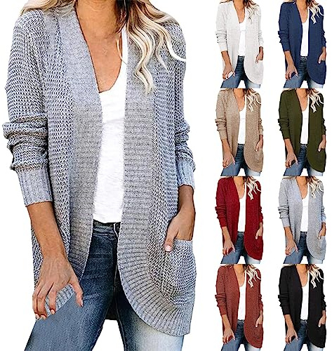 Pull Femme Printemps Été, Cardigan Femme Grande Taille Mi Saison Pull Mi Long Pulls Décontractés Manteau avec Poche Manteaux Ouverte Devant Veste Manches 3/4 Vêtements Ample Pulls Tricot Cardigan