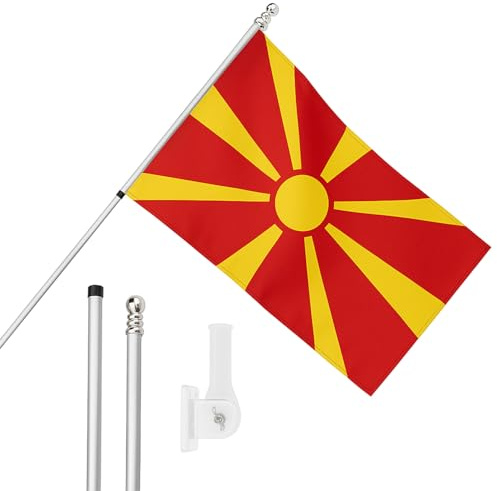 North Macedonia Flag, Flagpole and Wall Mount - 5ft x 3ft North Macedonian Flag with Grommets, Extendable Pole and Mount - Sports Supporter National Pride Indoor Outdoor Decoration