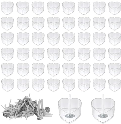 yotutun 50 Stück Leere Kerzen Gläser aus Kunststoff Candles, Klarem Kerzengläser DIY Kerzen Selber Machen Set Transparente Teelichthüllen Leer für Hochzeiten Valentinstag (Herzförmige, 100 Dochte)