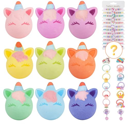Bombas de Baño Niños con Juguete, Set de 9 Bombas de Baño de Unicornio para Niños de 4 a 8 Años, Perfecto para un Baño de Espuma para Bebés, Regalo Cumpleaños para Niñas y Niños.