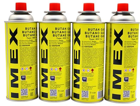 IMEX Butan Gaskartuschen 227g mit Ventil Typ MSF-1a, Universal Gaskartusche Butangas Kartuschen für Campingkocher, Gasheizung, Gasbrenner, Unkrautbrenner, Lötbrenner (4X Kartuschen)