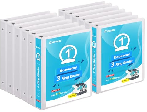 COMIX Heavy Duty 3 Ring Binder 1 inch with Clear View Cover, 1 Round Ring View Binder, PVC-Free, 200 Sheets Capacity of US Letter Size Paper, Office ＆ School Supplies, 12 Pack (White)