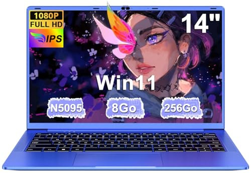 Ordinateur Portable 14 Pouces Celeron N5095 Win11 Pro 8Go RAM 256Go SSD Extension1To 5G WiFi 1920x1080 FHD PC Portable avec Souris sans Fil qwerty Clavier avec AZERTY Membrane du Clavie - Violet Métal